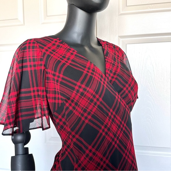 Ralph Lauren red plaid chiffon dress belted flatter short sleeve size 2 - Picture 11 of 14